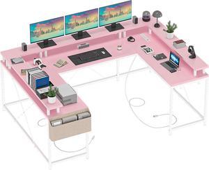 Jojoka U Shaped Computer Gaming Desk, Reversible L Shaped Desk with Power Outlets, LED Strip & Monitor Stand, Large Corner Desk with Storage Shelves for Home Office,Deep Pink