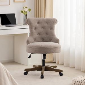 Home Office Chair Adjustable Height Swivel Chair with Wheels Linen Fabric Upholstered Computer Desk Chair with Wooden Legs Comfortable Armless Chair for Home Office Study Studio(Khaki)