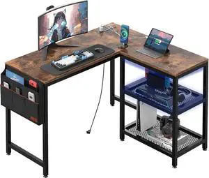 VECELO L Shaped Computer Desk 49 Inch Writing Study Corner Gaming Table with Storage Shelves and Side Bag, for Home Office Workstation
