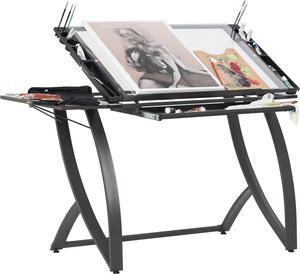 SD STUDIO DESIGNS Futura Luxe Drawing, Drafting, Craft Table with Drawer, 35" Wide Angle Adjustable Top and Side Shelf, Pewter Grey/Clear Glass