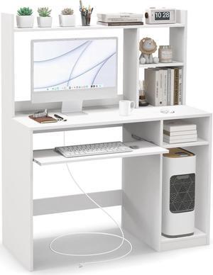 White Computer Desk with Hutch, Wood PC Desk w/Power Outlet, Keyboard Tray and CPU Stand, Modern Writing Desk with Bookshelf, Student Desk for Bedroom, Simple Work Desk for Home Office