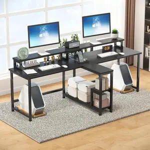 83.7 Inch Two Person Desk with Storage Shelves and Power Outlets, Double Desk with Monitor Stand, 2 Person Writing Study Table Workstation for Home Office, Black