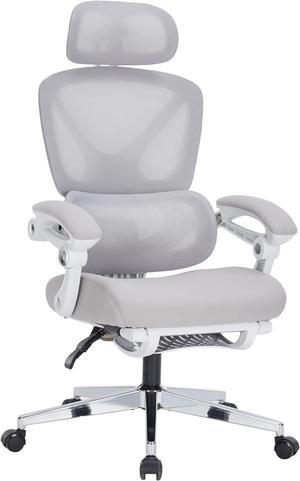 Office Computer Chair with Footrest, Mesh Swivel Backrest, Adjustable Backrest and Lumbar Support, Comfortable Adjustable Headrest with Armrests for Home, Study Room,Gray