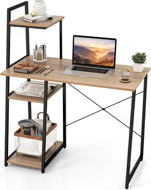 Tangkula Computer Desk with Shelves, Space Saving Home Office Desk with 3-Tier Ladder Shaped Storage Bookshelf, Modern Writing Study Desk with Metal Frame, Compact Computer Workstation (Natural)