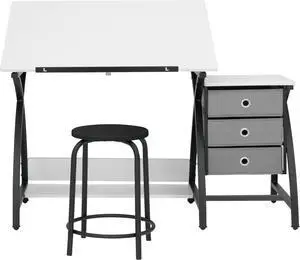 SD STUDIO DESIGNS 2 Piece Comet Center Plus, Craft Table and Matching Stool Set with Storage and Adjustable Top, Black/White, 50x23.75x29.5 inches