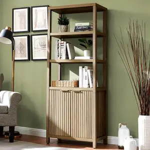 Oxford Bookshelf, Tall Book Shelf with Doors Cabinet, 5-Tier Bookcase, Wooden Bookshelves with Fluted Panel, Large Bookcases with Storage for Living Room Bedroom (Sunwashed Ash Oak, 1PCS)
