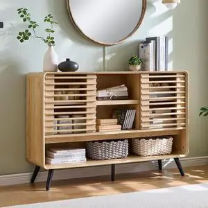 RedLemon 46" Entryway Table with Slatted Sliding Door, Mid Century Modern Console Table w/Adjustable Storage Shelf, Wood Sofa Table Behind Couch for Hallway, Living Room, Foyer, Natural Oak RedLemon 46" Entryway Table with Slatted Sliding Door, Mid Century Modern Console Table w/Adjustable Storage Shelf, Wood Sofa Table Behind Couch for Hallway, Living Room, Foyer, Natural Oak