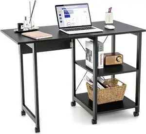 Tangkula Folding Computer Desk, Modern Writing Table w/ 2-Tier Storage Shelves, PC Laptop Study Table Workstation w/ 6 Wheels, Space Saving Compact Home Office Desk for Small Apartment (Black)