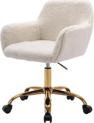 Faux Fur 360°Swivel Desk Chair, Modern Height Adjustable Home Office Armchair with Golden Base for Teens Women Girls, Upholstery Computer Chair for Home Studios, Sherpa & White