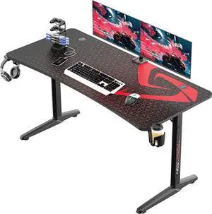 EUREKA ERGONOMIC Gaming Desk, 60 inch Computer Desk with Full Mouse Pad, Large Gaming Table for 3 Monitors,USB Handle Rack Cup Holder Headphone Hook, Carbon Fiber Black