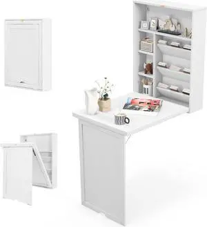 Tangkula Wall Mounted Desk, Fold Out Convertible Floating Desk with Large Storage Area, Multi-Function Hanging Murphy Desk for Home Office, Space Saving