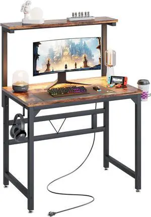 TREETALK Gaming Desk with Power Outlets & LED Strip Lights,80CM Industrial Writing Desk with Adjustable Monitor Stand, Cupholder and Headphone Hook for Home Office Rustic Brown