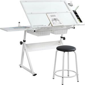 Glass Drafting Table Art Desk  Adjustable Professhional Artwork Drawing Drafting Table Desk, Glass-Topped Art Table for Craft Station Studio Home Office School w/Drawers/Chair (White)