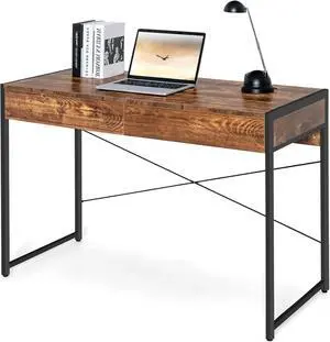 Tangkula Industrial Computer Desk with 2 Drawers, Simple Study Writing Desk with Drawers, 44 Inches Laptop PC Workstation, Student Desk Home Office Desk Ideal for Bedroom & Office (Rustic Brown)