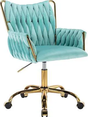 KCC Modern Velvet Home Office Desk Chair with Hand Woven Backrest, Upholstered Adjustable Makeup Vanity Chair with Armrest and Golden Metal Base with Wheels for Living Room Bedroom Study(Bule) KCC Modern Velvet Home Office Desk Chair with Hand Woven Backrest, Upholstered Adjustable Makeup Vanity Chair with Armrest and Golden Metal Base with Wheels for Living Room Bedroom Study(Bule)