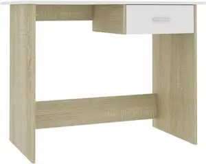 vidaXL Modern Desk in White and Sonoma Oak - Sleek Engineered Wood Construction with Integrated Drawer for Storage and Easy Clean Surface  39.4"x19.7"x29.9"