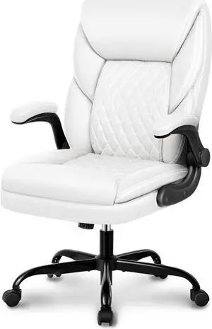 Office Chair, Executive Leather Chair Home Office Desk Chairs, Ergonomic Computer Desk Chair with Adjustable Flip-Up Arms, Lumber Support Swivel Task Chair with Rocking Function (White) Office Chair, Executive Leather Chair Home Office Desk Chairs, Ergonomic Computer Desk Chair with Adjustable Flip-Up Arms, Lumber Support Swivel Task Chair with Rocking Function (White)