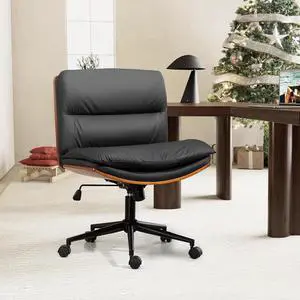 Armless Modern Walnut Office Desk Chair with Wheels, PU Leather Adjustable Wide Swivel Task Chair, Ergonomic Cross Legged Computer Chair for Conference Room, Home Office (Black)
