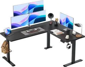 TIQLAB Standing Desk L Shaped, 63x55 Inch Adjustable Height Desk Electric Stand Up Desk, Corner Standing Desk with Hooks, Sit Stand Desk with Splice Board, Black