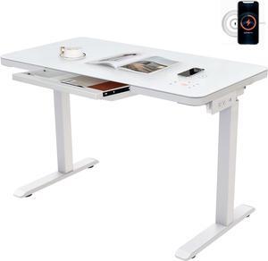 AIMEZO Standing Desk with Drawer Glass Top Electric Sit Stand Adjustable Height Computer Workstation Lifting Desk with Touchscreen Controller&Wireless Charging &USB Port& Power Strip