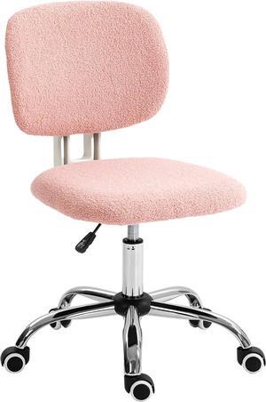 Vinsetto Cute Armless Office Chair, Teddy Fleece Fabric Computer Desk Chair, Vanity Task Chair with Adjustable Height, Swivel Wheels, Mid Back, Pink