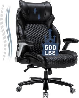 Executive Office Chair, Heavy Duty 500 lbs, Ergonomic Leather Desk Chair with Adjustable Headrest and Lumbar Support, Big and Tall High Back Swivel Chair with Flip-up Armrests, Black