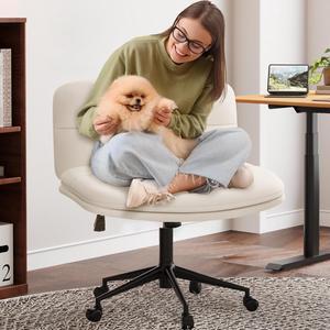 Criss Cross Chair with Wheels Armless Home Office Desk Chairs,PU Leather Computer Chair,Comfy Swivel Ergonomic Office Chair Height Adjustable Mid Back Vanity Chair for Home Office/Living Room White