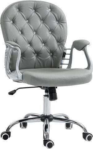 Vinsetto PU Leather Home Office Chair, Button Tufted Desk Chair with Padded Armrests, Adjustable Height and Swivel Wheels, Gray