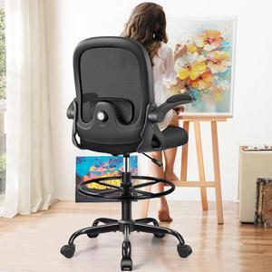 Drafting Chair, Tall Office Chair Ergonomic Standing Desk Chair,with Adjustable Footrest Ring, 3D Lumbar Support, Flip-up Armrests, Swivel Desk Stool for Drawing Working (Black)