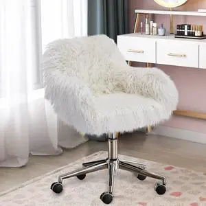 SSLine Elegant Faux Fur Office Chair Dressing Chair,Modern White Cute Accent Armchair Desk Chair Task Chair,Comfy Swivel Makeup Stool with Wheels for Living Room/Bedroom/Dressing Room