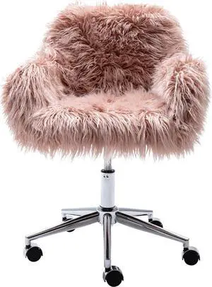 Office Desk Chair Fluffy Swivel Desk Chair Height Adjustable with Armrest Soft Cushion Silver Base for Bedroom Home Office Computer Pink