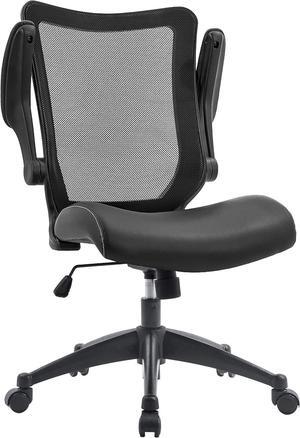 OfficeFactor Office Desk Chair, 300 lb Capacity Adjustable Desk Chair, Flip-Up Armrests, Non-Scratch Wheels, Mesh Back, Comfortable Bonded Leather Work Chair (Black)