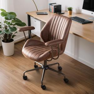 Mid Century Modren Office Chair - Fuax Leather Suede Brown Executive Chairs Ergonomic Mid Back with Lumbar Support, Swivel Computer Desk Task Chair with Wheels for Home Office (Dark Brown, Mid Back)