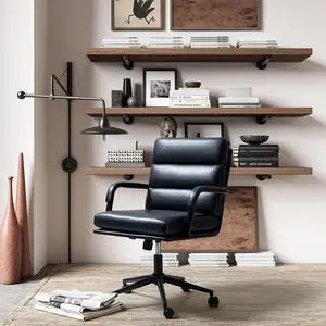 HULALA HOME Modern Faux Leather Home Office Chair with Tilt Lock & Metal Base, Desk Chair with Wheels & Padded Cushion, 360° Swivel Wide Seat Computer Task Chair, Navy