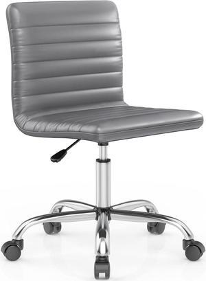 Desk Chair, Armless Office Chair Leather Swivel Task Chair Mid Back Ribbed Home Office White Desk Chair for Adult Child, Vanity Chair, Grey