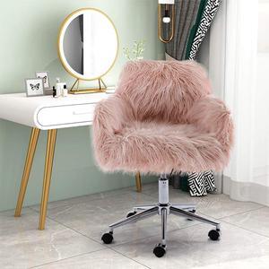 HomVent Faux Fur Accent Chair, Cute Modern Shaggy Faux Fur Swivel Chair Makeup Stool, Height Adjustable Home Office Desk Chair Plush Vanity Stool for Bedroom/Living Room (Pink)