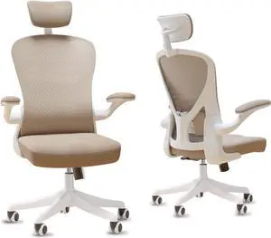Office Chair, Home Office Desk Chairs with Wheels, Ergonomic Office Chairs with Lumbar Support and Thickened Cushion, Comfy Desk Chair with Adjustable Headrest and Flip-up Armrests, Khaki