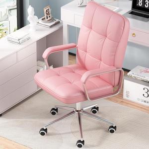 Home Office Desk Chair, Swivel Computer Desk Chair with Wheels and Padded Arms, Soft Leather, Adjustable Height and Tilt (Pink)