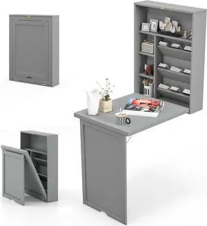 Tangkula Wall Mounted Desk, Fold Out Convertible Floating Desk with Large Storage Area, Multi-Function Hanging Murphy Desk for Home Office, Space Saving