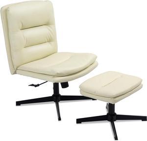 High Back Office Chair with Ottoman, PU Leather Armless Desk Chair No Wheels Computer Task Chair, Double Layered Cushion Wide Seat, Swivel Vanity Chair Recliner(Beige-New)