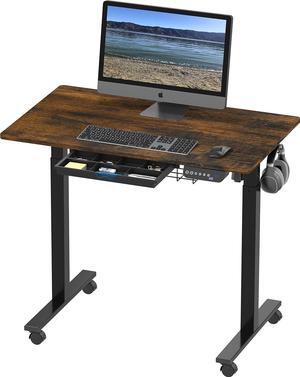 SHW 40-Inch Mobile Electric Height Adjustable Sit to Stand Desk with Drawer, Hanging Hooks and Cable Management, Rustic Brown