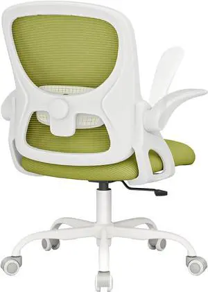 Mesh Office Chair Ergonomic Desk Chair with Up&Down Front&Rear 2 Dimensions Adjustable Lumbar Support and Flip-up Arm Rocking Comfy Swivel Computer Task Chair for Home Office(White-Green)