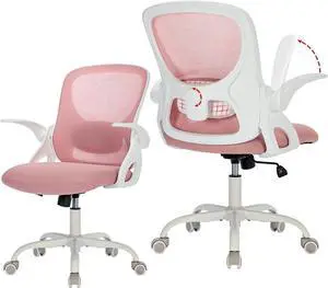 Mesh Office Chair Ergonomic Desk Chair with Up&Down Front&Rear 2 Dimensions Adjustable Lumbar Support and Flip-up Arm Rocking Comfy Swivel Computer Task Chair for Home Office(White-Pink)