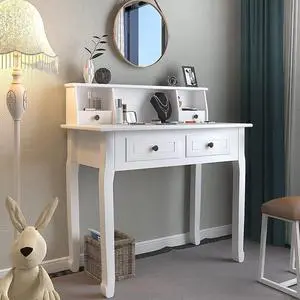DMAITH Small White Writing Desk with Hutch  32" Home Office Desk with Drawers | Compact Computer Desk, Vanity Makeup Table for Bedroom or Study Room