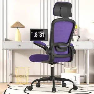 Ergonomic Mesh Office Chair, High Back Computer Desk Chair with Adjustable Lumbar Support & Headrest, Swivel Task Chair with Flip-Up Armrests for Home & Office (English, Purple)