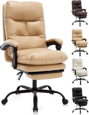 Office Chair with Footrest, Ergonomic Office Chair for Heavy 300 lbs, Leather High Back Executive Office Chair for Working Gaming with Lumbar Support(Classy Beige)