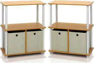 Furinno Go Green 3-Tier 2-Bin Multi-Purpose Storage Shelf (Set of 2), Beech