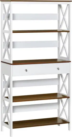 HOMCOM 4-Tier Shelving Bookcase Storage Cupboard with Pull Out Drawer, and Wooden Frame with X Bar Stability, White