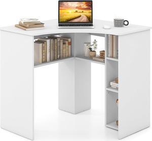 Tangkula White Corner Desk with Storage Shelves, Space-Saving Triangle Study Writing Desk with Adjustable Shelves, Corner Makeup Vanity Desk for Bedroom, Corner Desk for Small Space