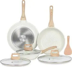 ESLITE LIFE Nonstick Ceramic Frying Pans Skillets Set with Lids, Non-Toxic Egg Omelette Kitchen Cooking Pans Compatible with All Stovetops (Gas, Electric & Induction), PTFE & PFOA Free (White)